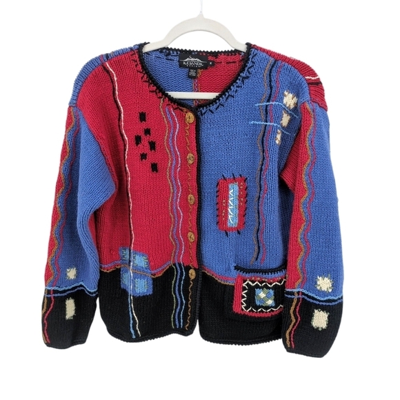 Icelandic Design Knit Cotton Cardigan Sweater Eclectic Patchwork Colorful Medium - Picture 1 of 7